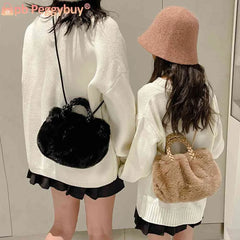 Plush Crossbody Handbag Woven Handle Soft Solid Winter Purse