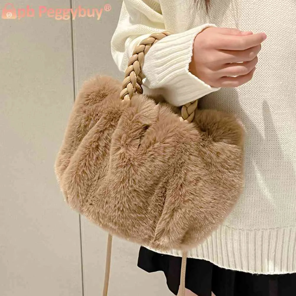 Plush Crossbody Handbag Woven Handle Soft Solid Winter Purse