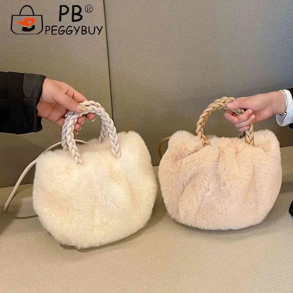 Soft Fluffy Women Clutch Handbag Woven Handle Plush Messenger Bag