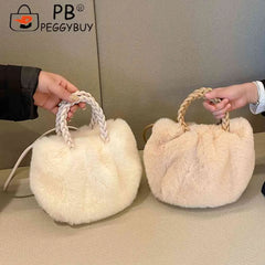Soft Fluffy Women Clutch Handbag Woven Handle Plush Messenger Bag