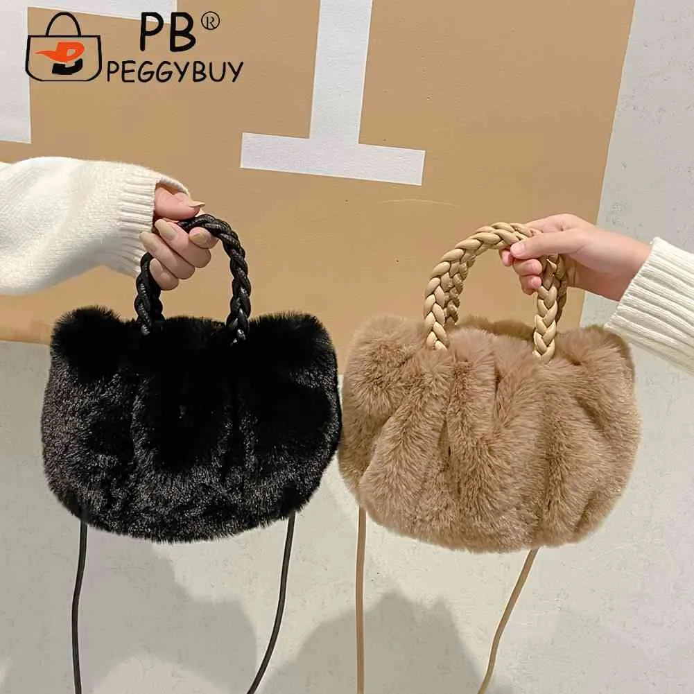 Soft Fluffy Women Clutch Handbag Woven Handle Plush Messenger Bag