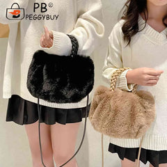 Soft Fluffy Women Clutch Handbag Woven Handle Plush Messenger Bag