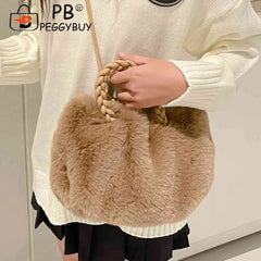 Soft Fluffy Women Clutch Handbag Woven Handle Plush Messenger Bag