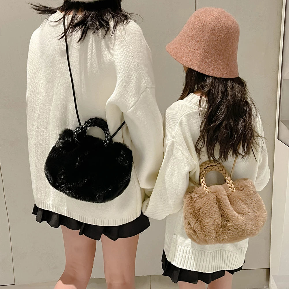 Plush Winter Crossbody Bag Soft Fluffy Handbag Woven Handle Clutch Purse