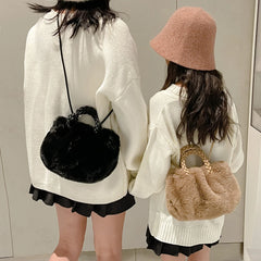 Plush Winter Crossbody Bag Soft Fluffy Handbag Woven Handle Clutch Purse