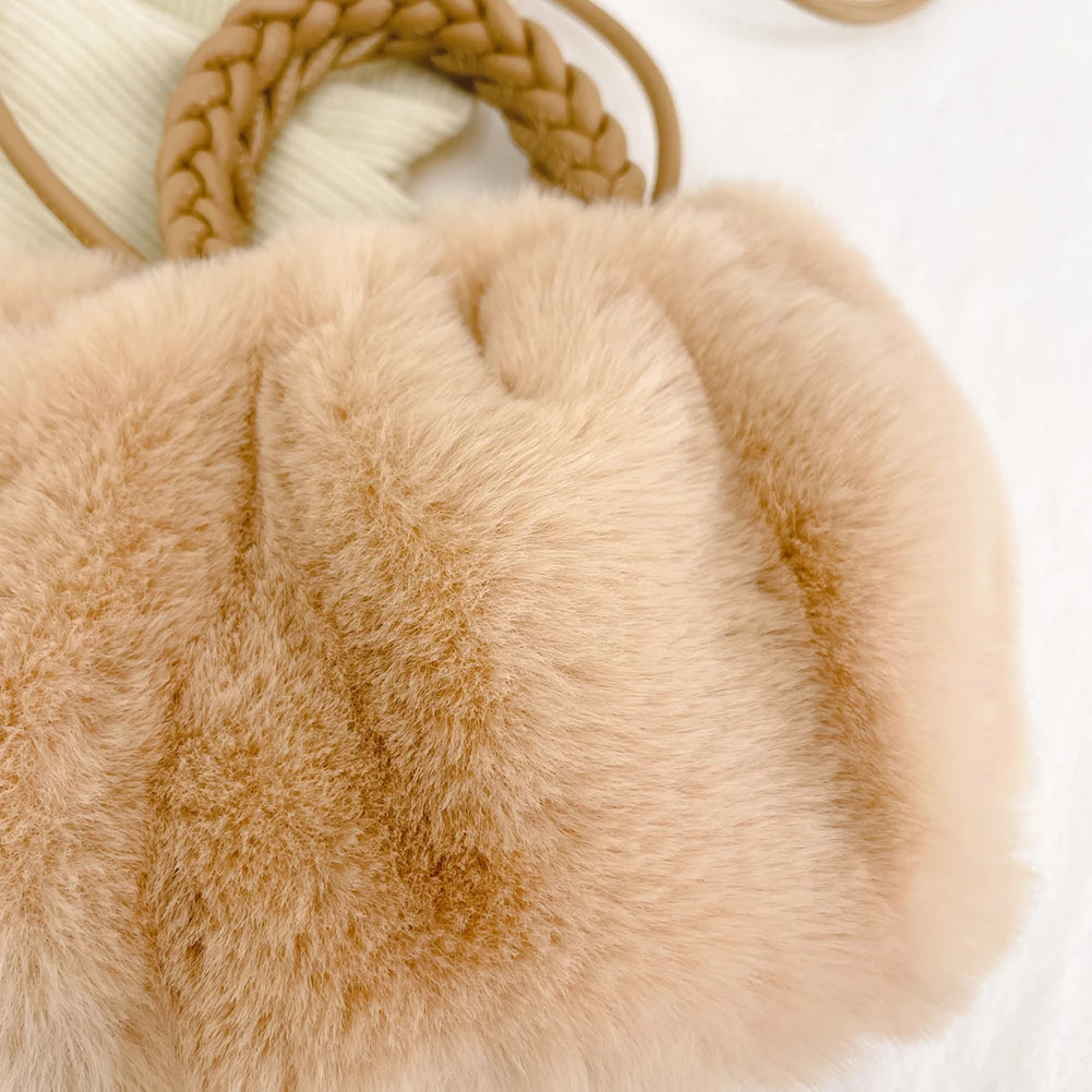 Plush Winter Crossbody Bag Soft Fluffy Handbag Woven Handle Clutch Purse