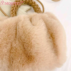 Soft Plush Women Clutch Handbag with Woven Handle - Solid Color