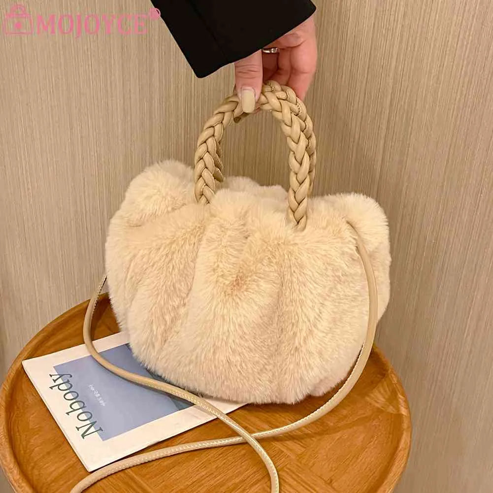 Soft Plush Women Clutch Handbag with Woven Handle - Solid Color