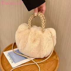 Soft Plush Women Clutch Handbag with Woven Handle - Solid Color
