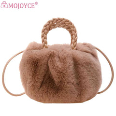 Soft Plush Women Clutch Handbag with Woven Handle - Solid Color