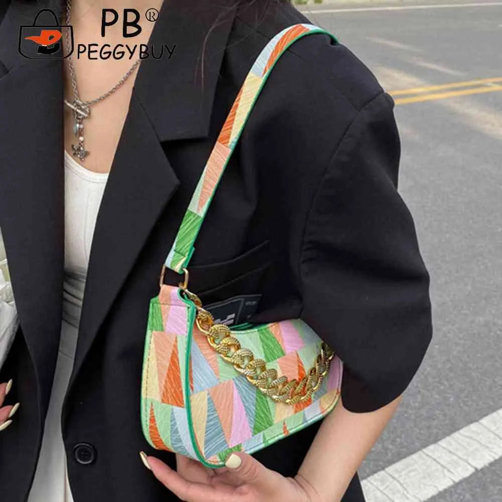 Women Commute Bag Colorful Triangle Printed PU Leather Hobos