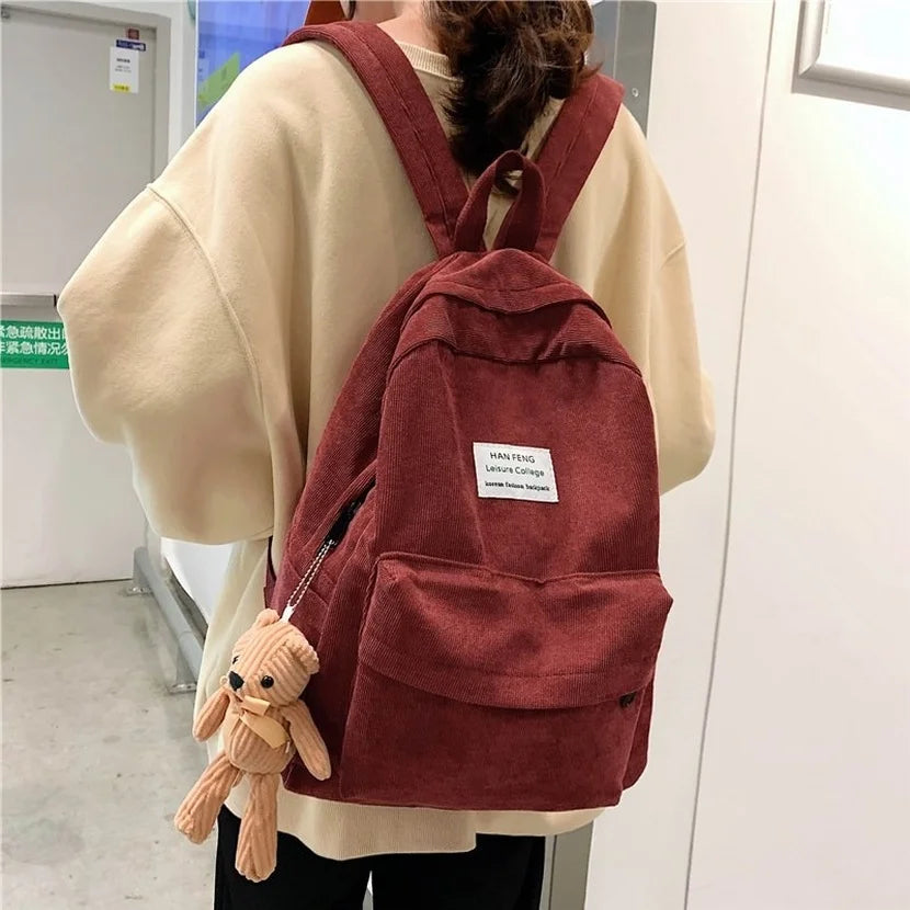 Corduroy Backpack High School College Students Book Bag Retro Female Backpacks