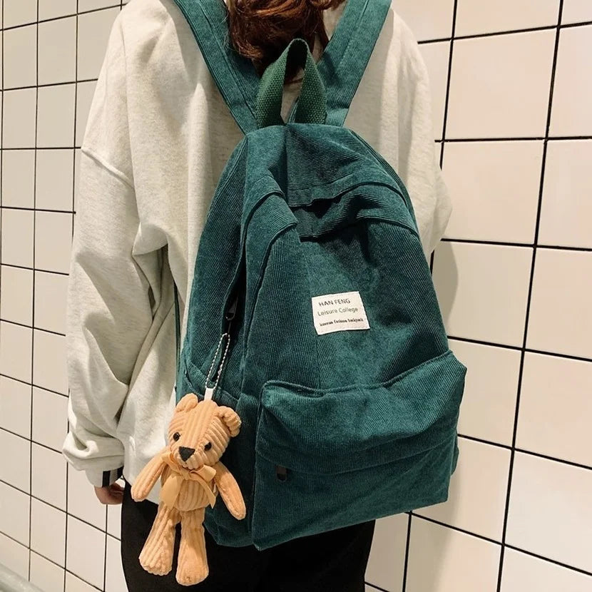 Corduroy Backpack for Women High School College Students Retro Female Backpacks
