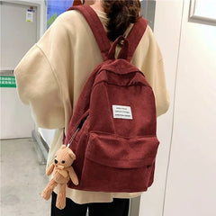 Corduroy Backpack for Women High School College Students Retro Female Backpacks