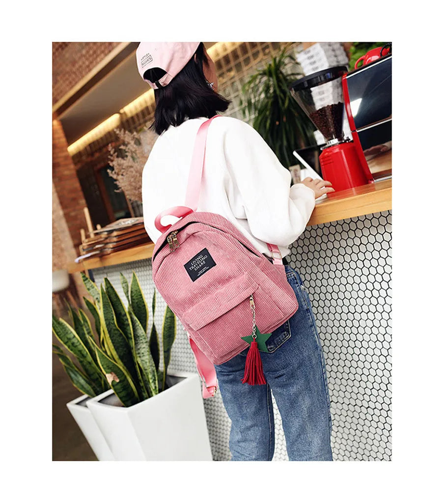 Corduroy Backpack for Women Small Travel Bag Girls Mochila
