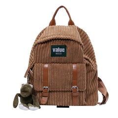 Women Corduroy Backpack Striped Soft Cloth Bags Leather Strap School Bookbag