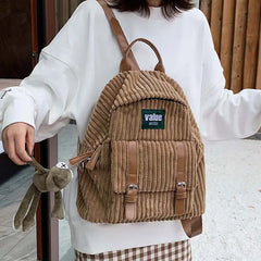 Women Corduroy Backpack Striped Soft Cloth Bags Leather Strap School Bookbag