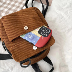 Corduroy Backpack Teenager Girl Small School Bag Winter Preppy Style