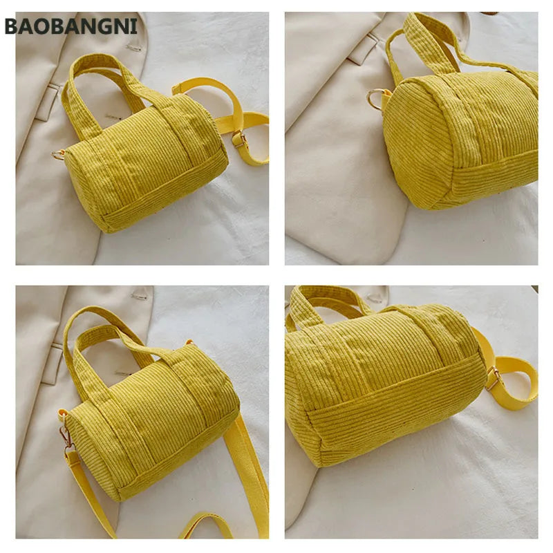 Women Corduroy Barrel Shaped Bag Canvas Handbag Zipper Shoulder Crossbody Bags