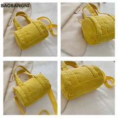 Women Corduroy Barrel Shaped Bag Canvas Handbag Zipper Shoulder Crossbody Bags