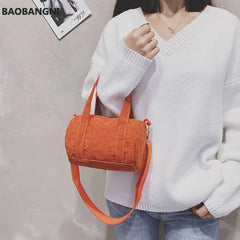 Women Corduroy Barrel Shaped Bag Canvas Handbag Zipper Shoulder Crossbody Bags