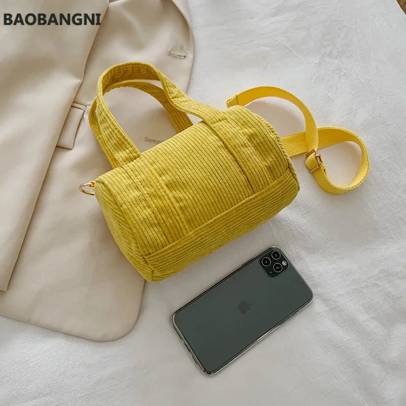 Women Corduroy Barrel Shaped Bag Canvas Handbag Zipper Shoulder Crossbody Bags