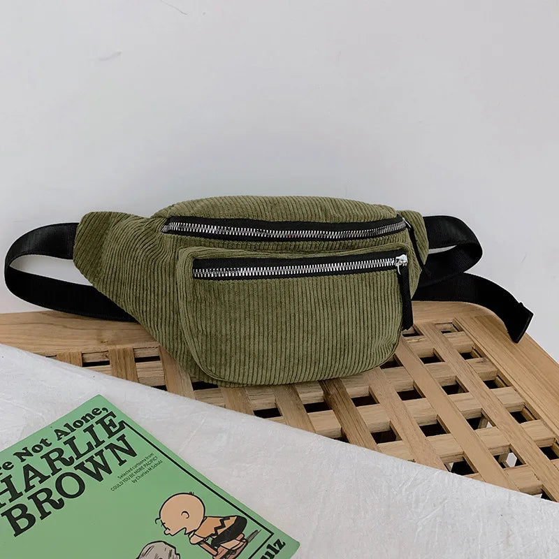 Women Corduroy Large Waist Bag Causal Zipper Chest Bag Warm Canvas Fanny Pack