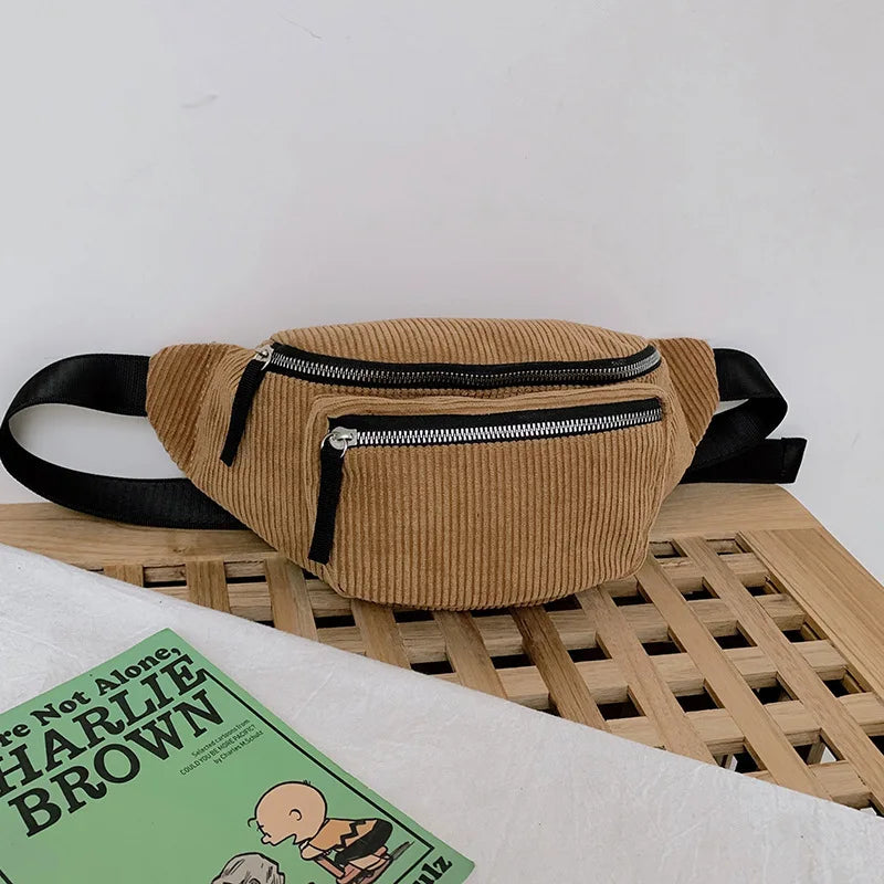 Women Corduroy Large Waist Bag Causal Zipper Chest Bag Warm Canvas Fanny Pack