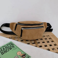 Women Corduroy Large Waist Bag Causal Zipper Chest Bag Warm Canvas Fanny Pack