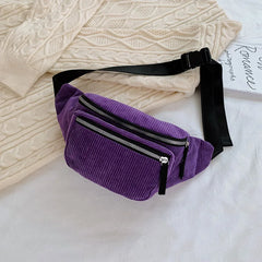 Women Corduroy Large Waist Bag Causal Zipper Chest Bag Warm Canvas Fanny Pack
