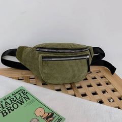 Women Corduroy Large Waist Bag Causal Zipper Chest Bag Warm Canvas Fanny Pack