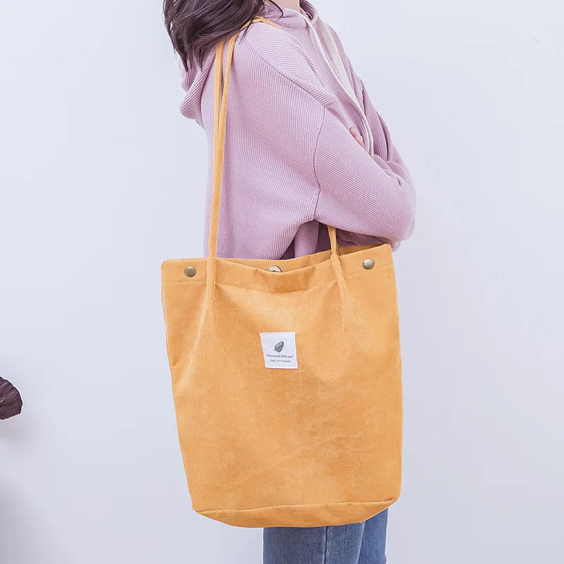 Women Corduroy Shopping Bag Canvas Shoulder Bag Foldable Eco Tote