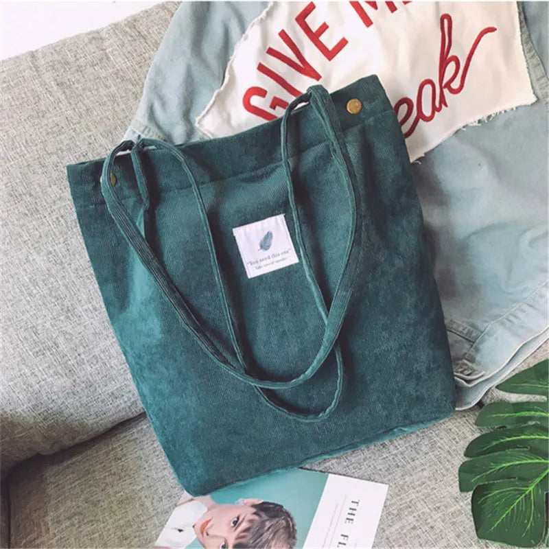 Women Corduroy Shopping Bag Canvas Shoulder Handbag Eco Tote