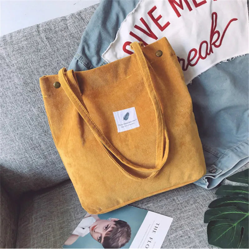 Women Corduroy Shopping Bag Canvas Shoulder Handbag Eco Tote