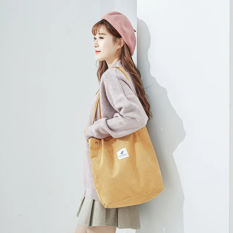 Corduroy Canvas Shoulder Bag Eco Tote Handbag