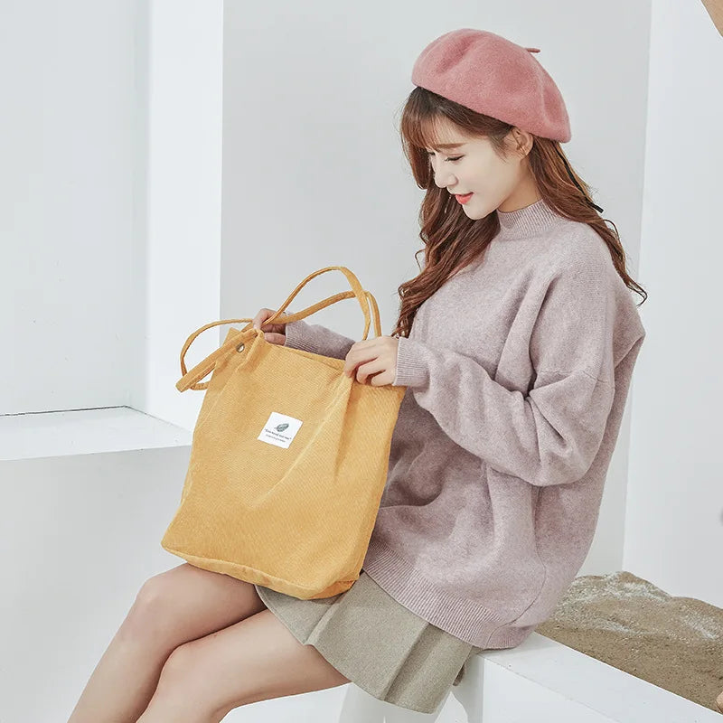 Corduroy Shoulder Bag Girl Canvas Tote Eco Grocery Reusable Foldable