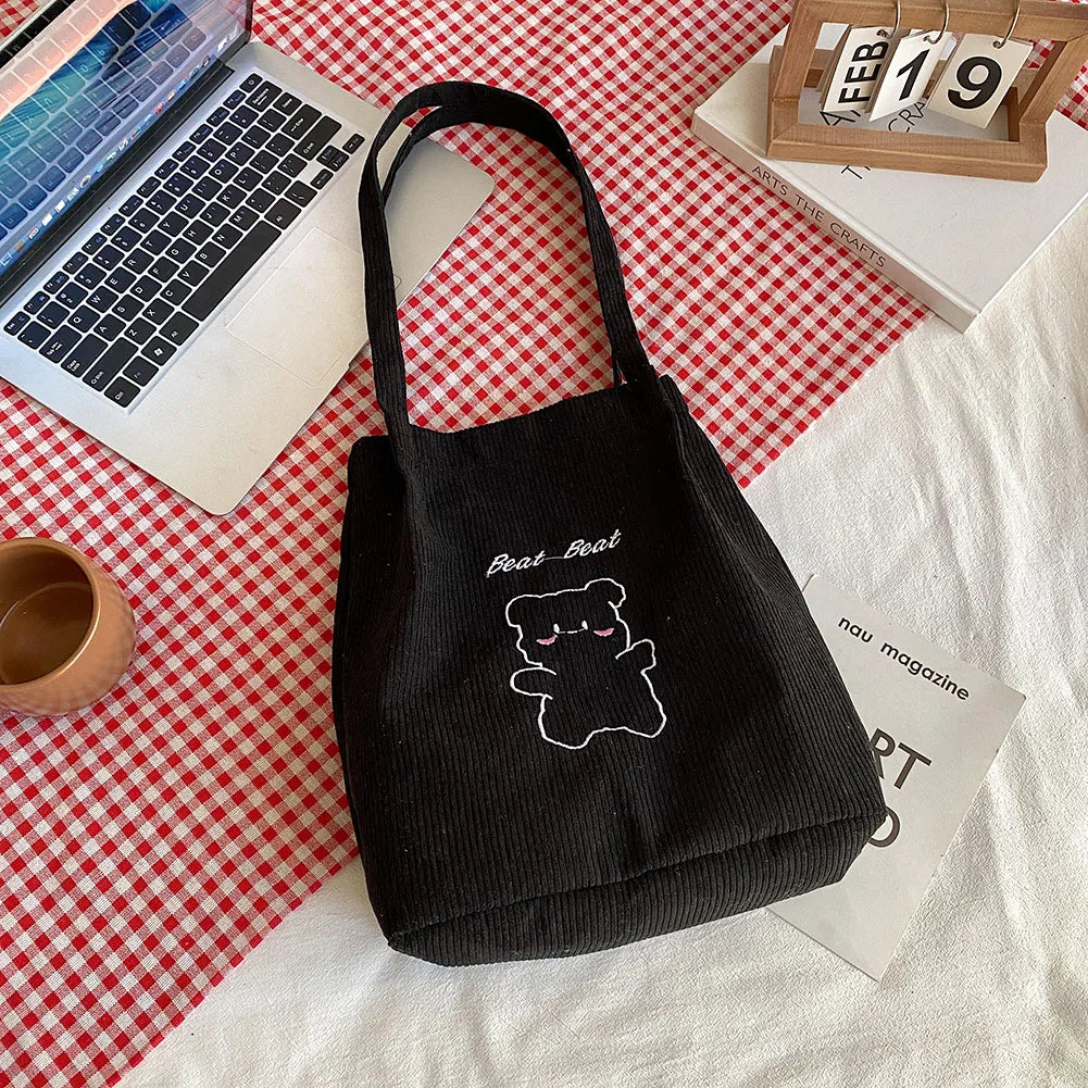Women Corduroy Shoulder Bag Cartoon Bear Print Handbag
