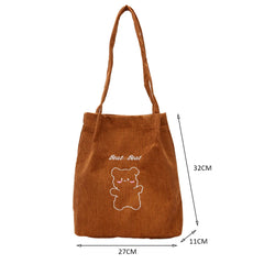 Women Corduroy Shoulder Bag Cartoon Bear Print Handbag