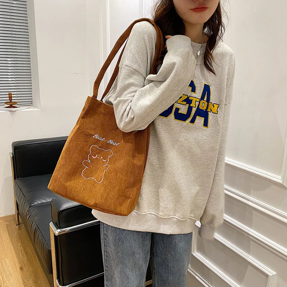 Women Corduroy Shoulder Bag Cartoon Bear Print Handbag
