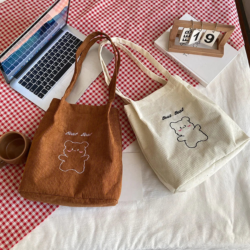 Women Corduroy Shoulder Bag Cartoon Bear Print Handbag