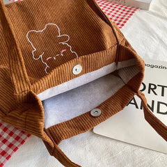 Women Corduroy Shoulder Bag Cartoon Bear Print Handbag