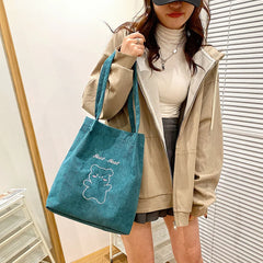 Women Corduroy Shoulder Bag Cartoon Bear Print Handbag