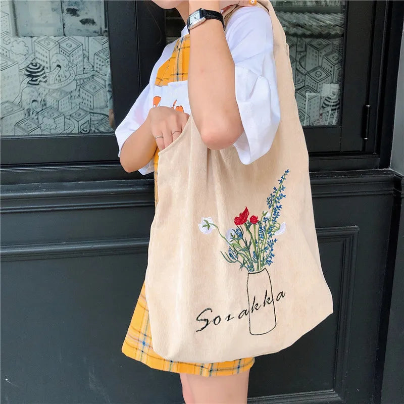 Women Corduroy Shoulder Bag Large Capacity Cloth Travel Grocery Handbag