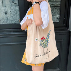 Women Corduroy Shoulder Bag Large Capacity Cloth Travel Grocery Handbag