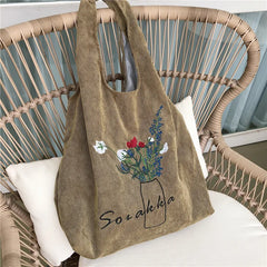 Women Corduroy Shoulder Bag Large Capacity Cloth Travel Grocery Handbag