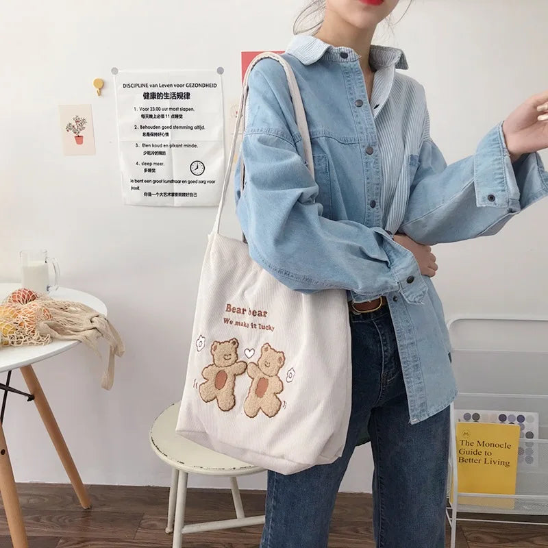 Women Corduroy Shoulder Bag Lucky Bears Embroidery Handbag