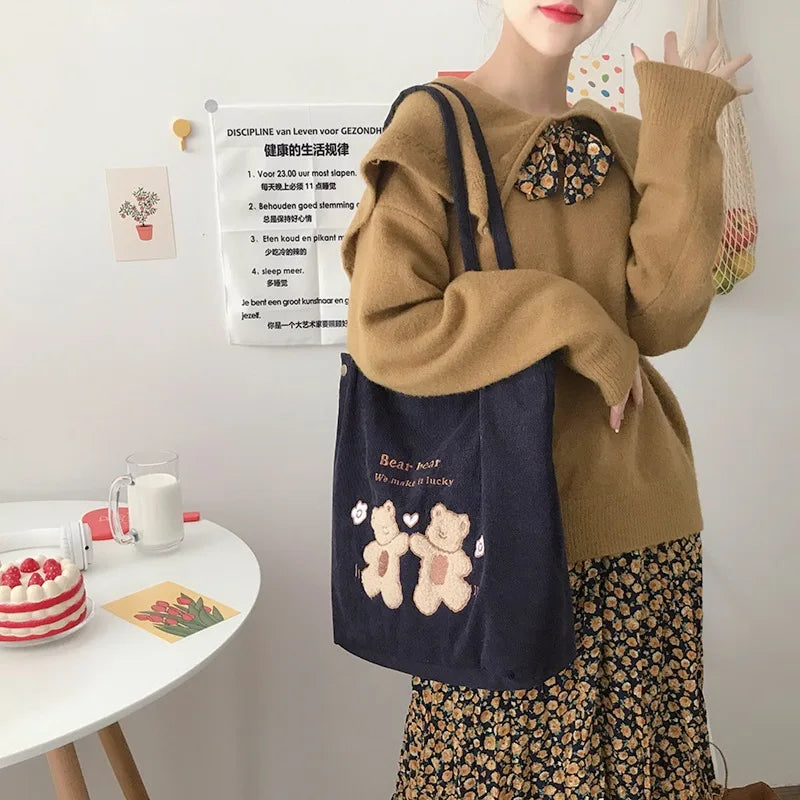 Lucky Bears Embroidery Shoulder Bag Soft Canvas Handbag Eco Tote for Women