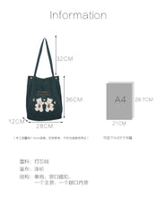 Lucky Bears Embroidery Shoulder Bag Soft Canvas Handbag Eco Tote for Women