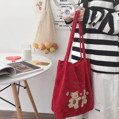 Lucky Bears Embroidery Shoulder Bag Soft Canvas Handbag Eco Tote for Women