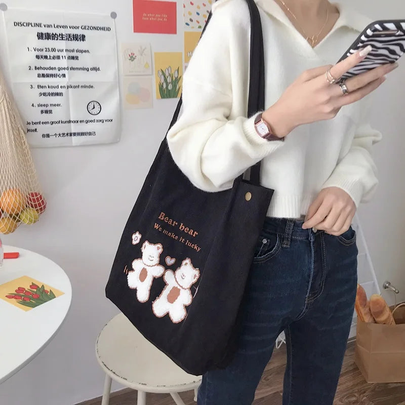 Lucky Bears Embroidery Shoulder Bag Soft Canvas Handbag Eco Tote for Women